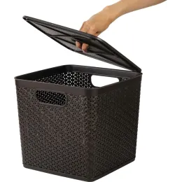 Buyumlarni saqlash savati olinadigan qopqoqlik 21L Keeplex Rattan quyuq kashtan